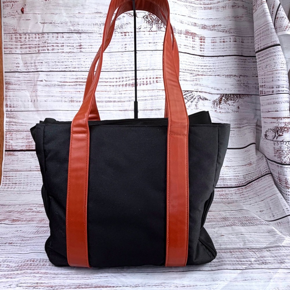 Dr. Browns Diaper Bag Breast Pump Tote Black Canvas Brown Straps Marble Lining‎